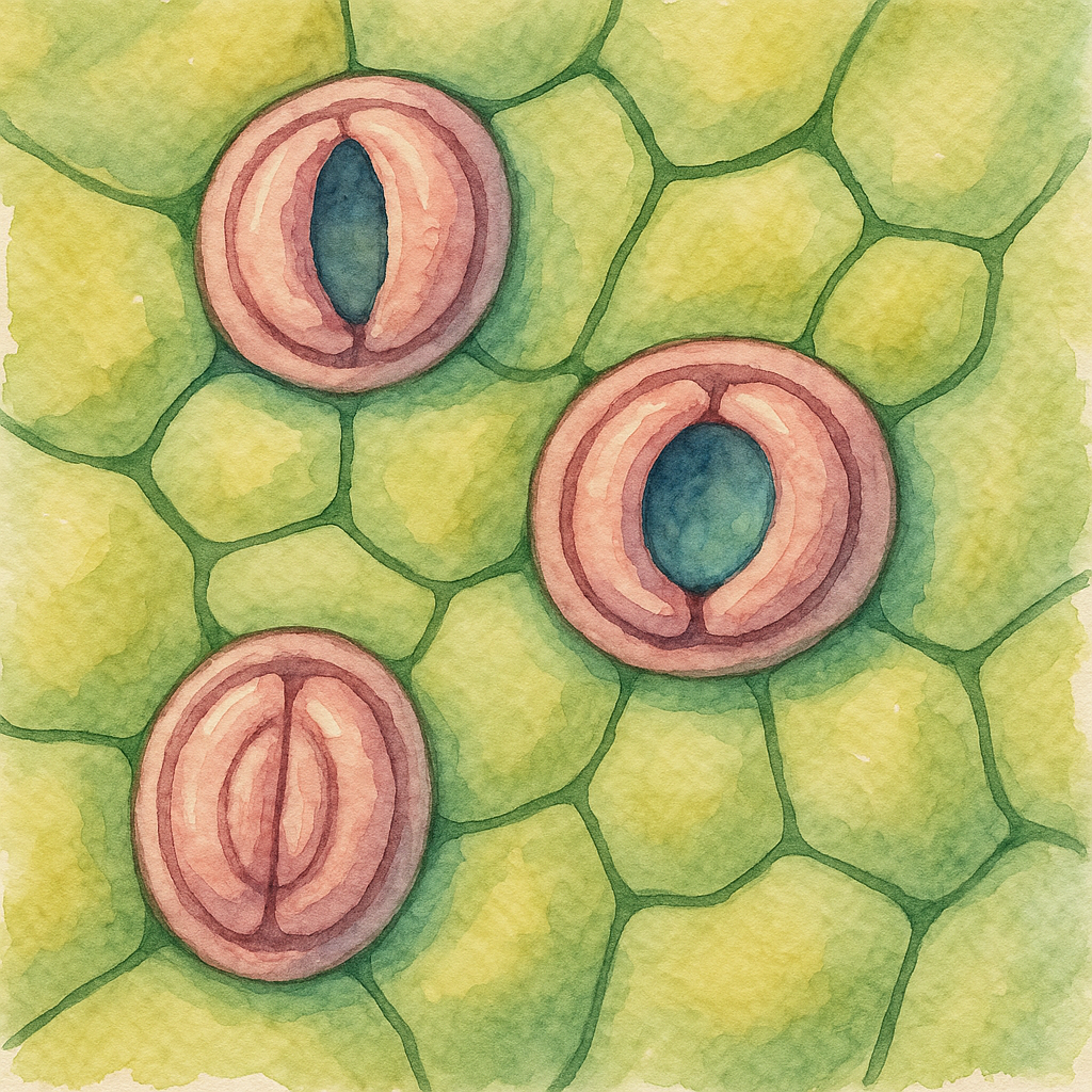 Watercolor illustration of three stomata on a leaf surface, with guard cells and surrounding irregular pavement cells, some stomata open and some closed.